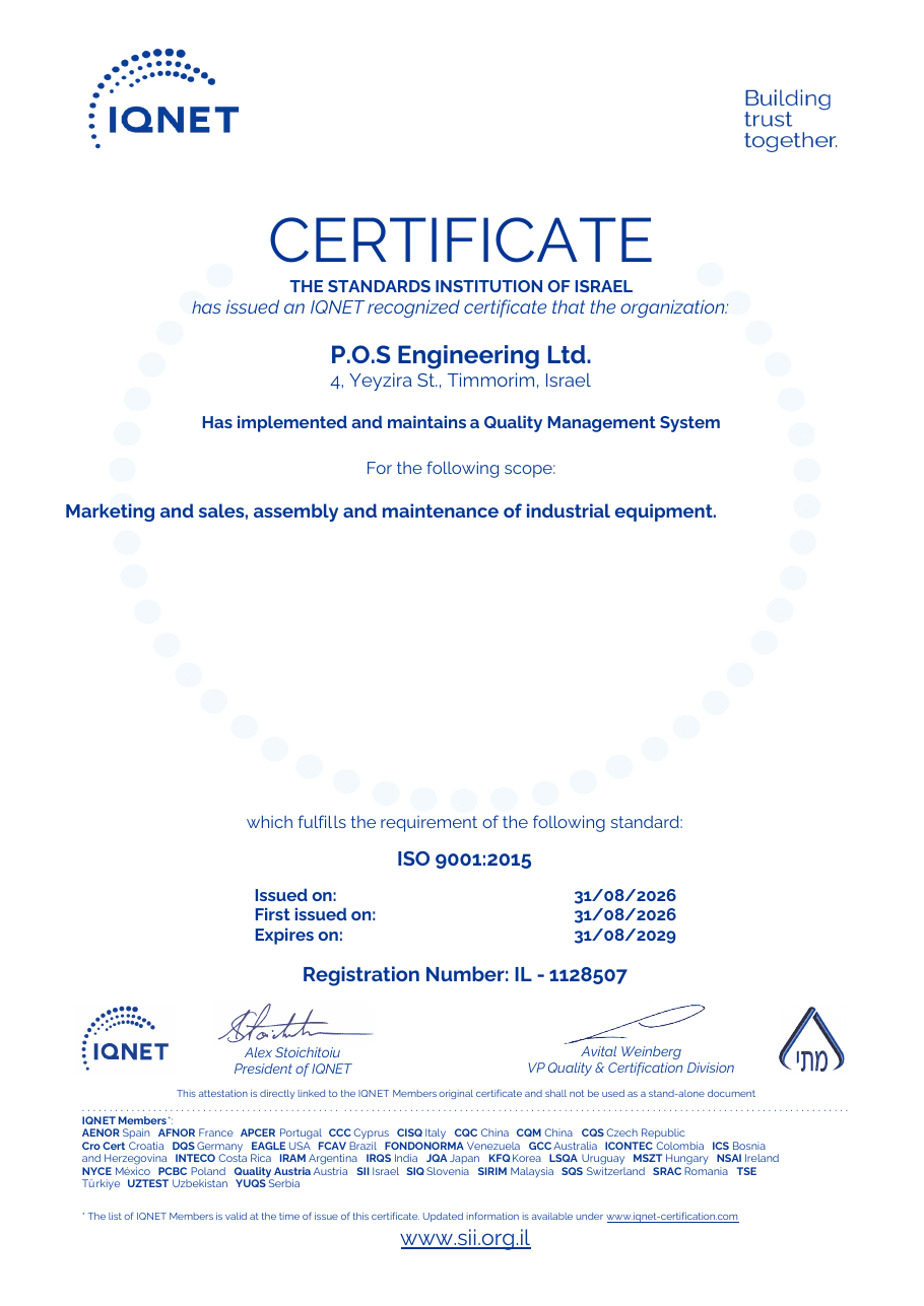 IQNET attestation, registration number IL - 1128507, recognising the ISO 9001:2015 quality management system of P.O.S Engineering Ltd.